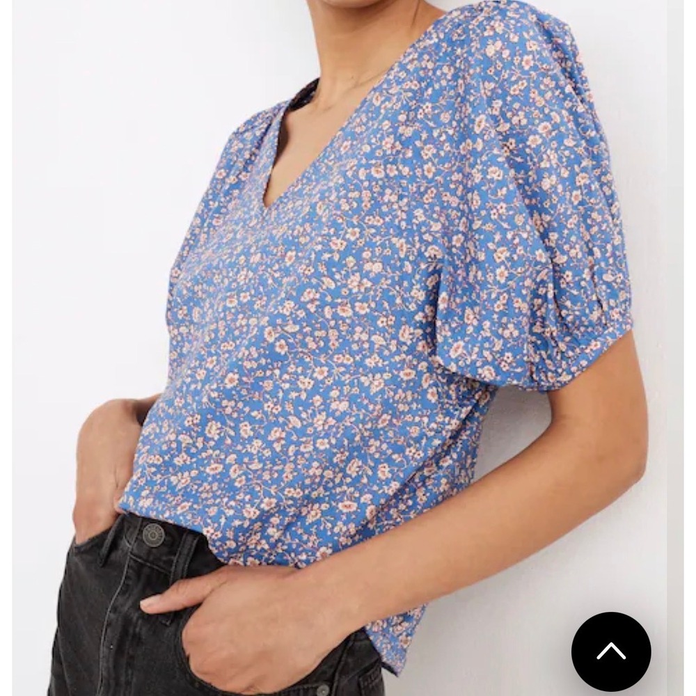 Madewell Hermitage Blue Summer Vines Ditsy Floral Puff Sleeve V-Neck Top S